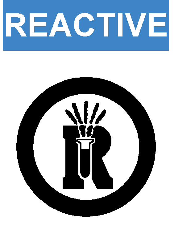 Label displaying 'Reactive' in white lettering and blue background, circle containing and R with reactive chemical black on white background