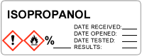 label which includes flame and exclamation point hazards, the word 'isopropanol,' and spaces to list testing dates