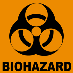 container label with orange background, black biohazard symbol and word 'biohazard'