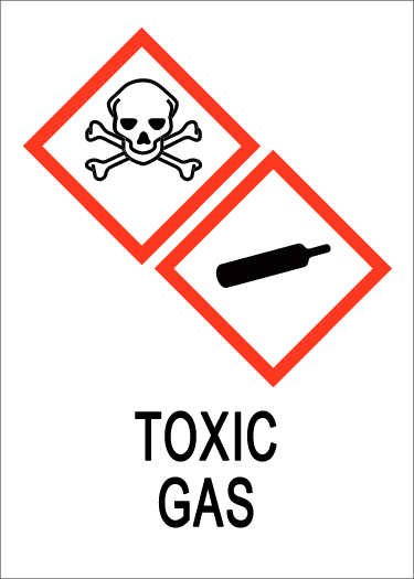 Label displaying 'Toxic Gas' in black lettering and white background, GHS skull and crossbones pictogram, GHS gas cylinder pictogram