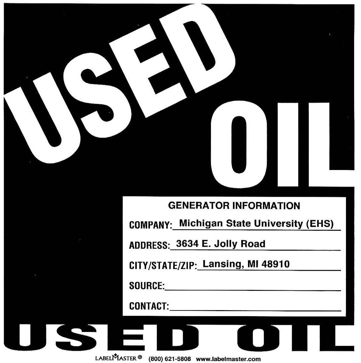 Black and white Used Oil label provided by EHS