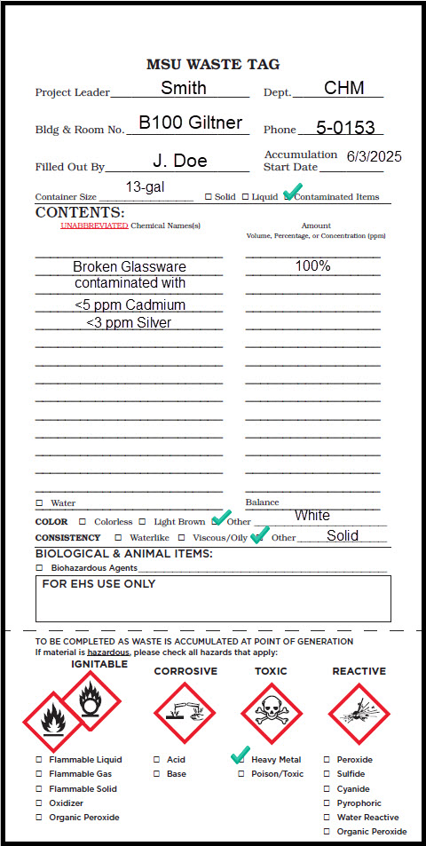 Properly completed MSU Waste tag for contaminated broken glass.