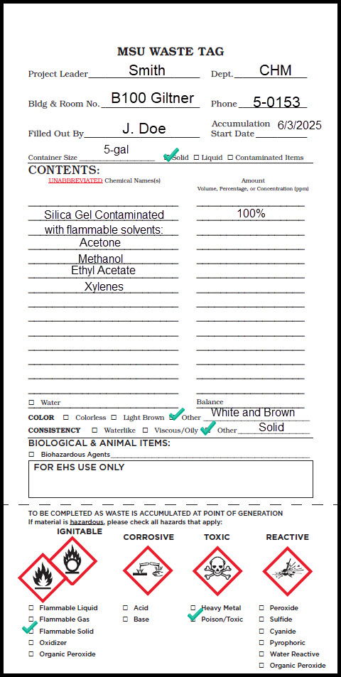 Properly completed MSU Waste Tag for chromatography absorbent.