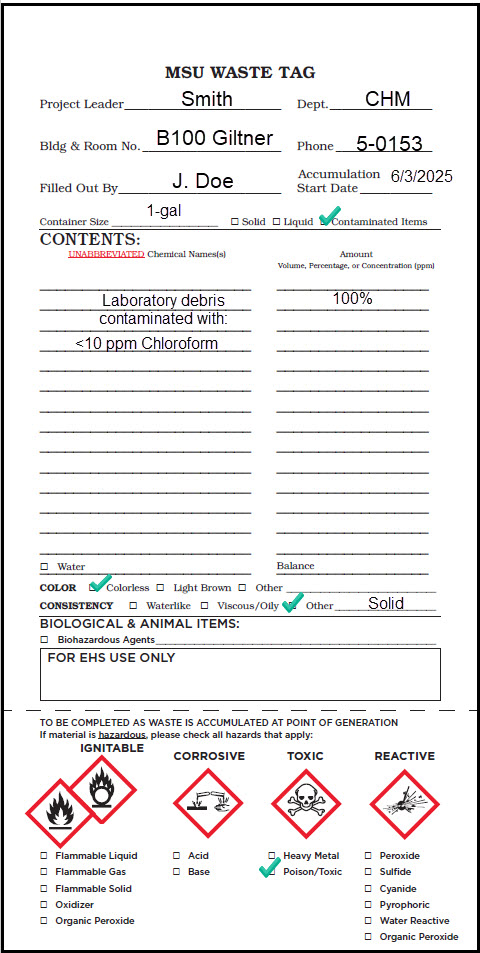 Properly completed MSU Waste Tag for contaminated lab debris