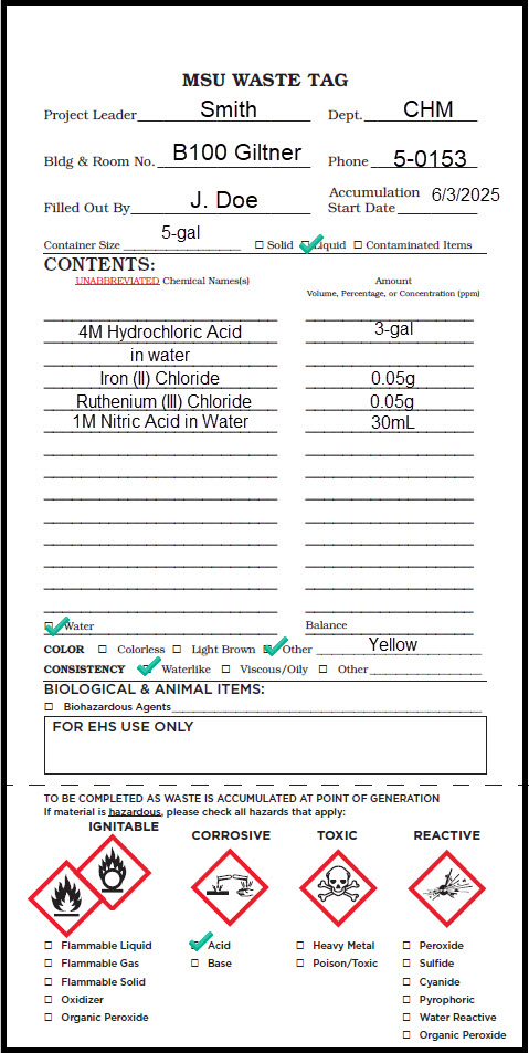 Properly completed MSU Waste Tag for corrosive liquids using volumes.