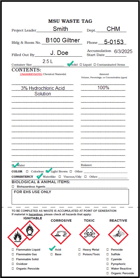 Properly completed MSU Waste Tag for corrosive liquids using percentages.