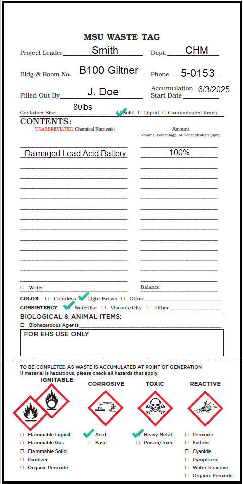 Properly completed MSU Waste Tag for Damaged Lead Acid Batteries.