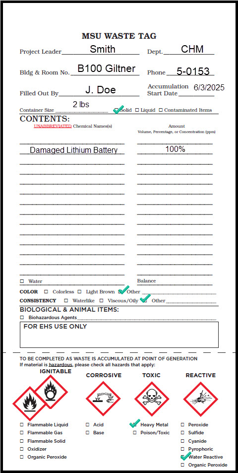 Properly completed MSU Waste Tag for Damaged Lithium Batteries