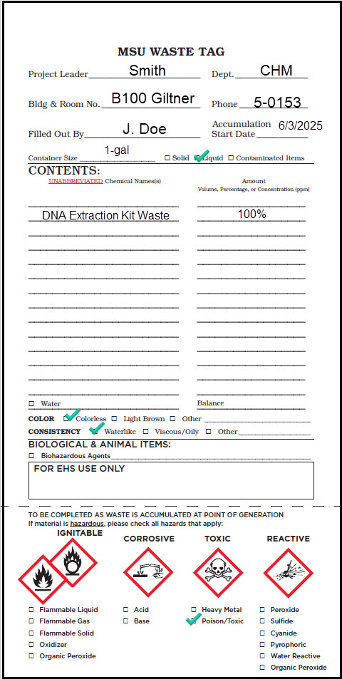 Properly completed MSU Waste Tag for DNA Extraction Kit Waste