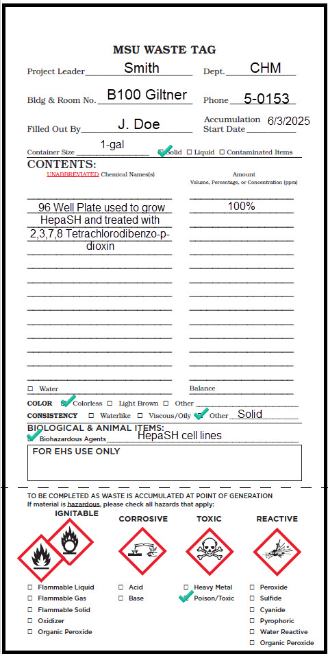 Example of properly filled out MSU Waste Tag with 96 well plate used to grow human hepatocyte cell line treated with 2,3,7,8- Tetrachlorodibenzo-p-dioxin.