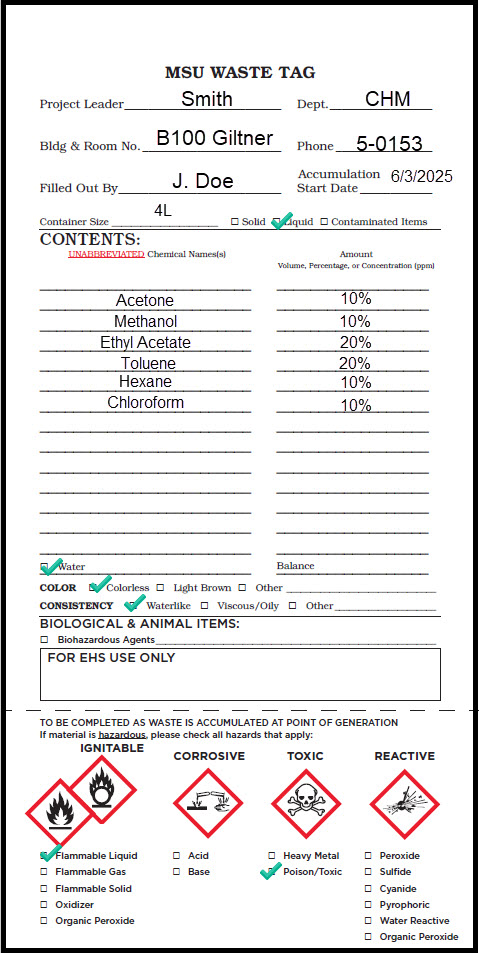 Properly completed MSU Waste Tag for flammable liquids using percentages.