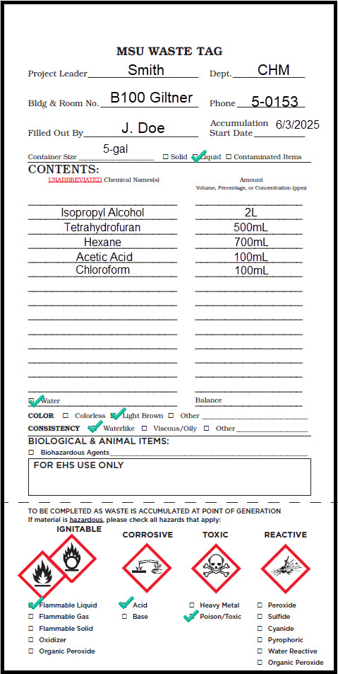 Properly completed MSU Waste Tag for flammable liquids using volume.