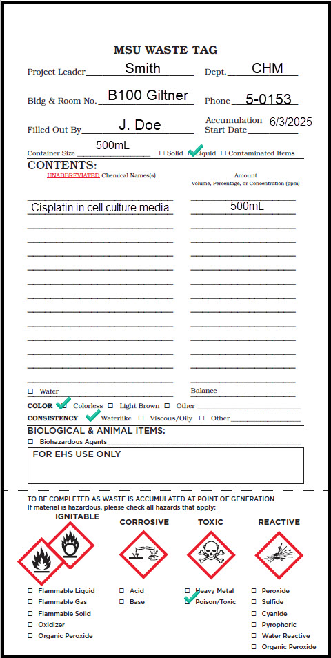 Properly completed MSU Waste Tag for Hazardous Drug Solution