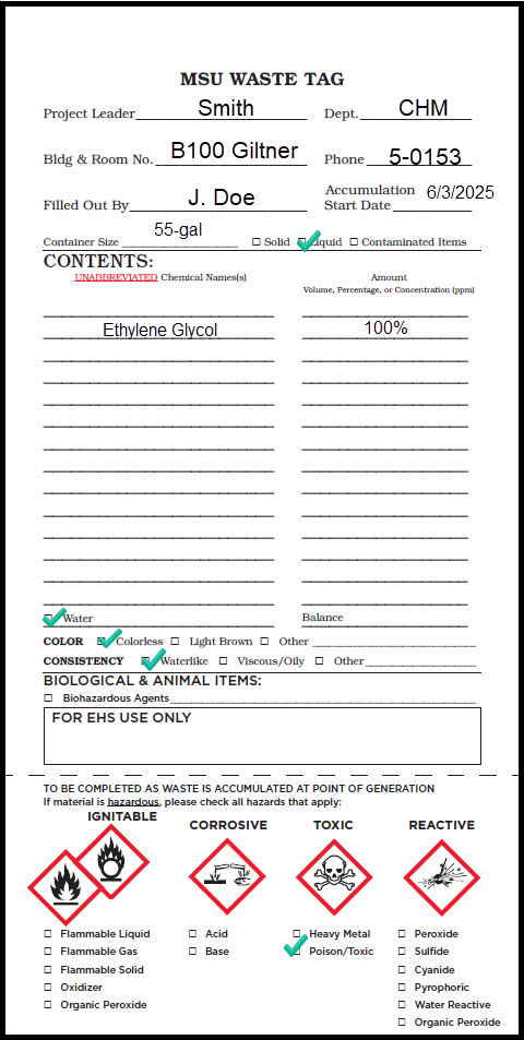 Properly completed MSU Waste Tag for liquid industrial by-product.