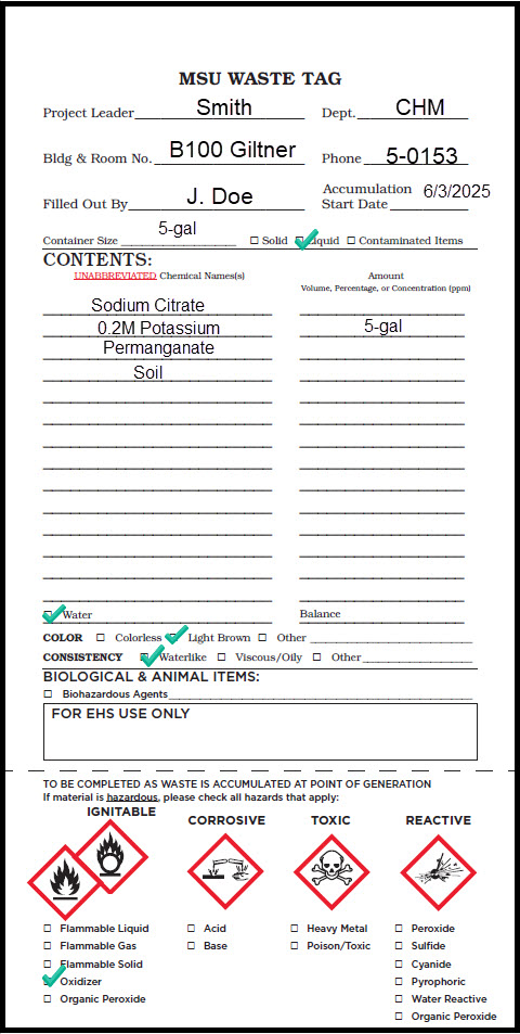 Properly completed MSU Waste Tag for oxidizing liquids.