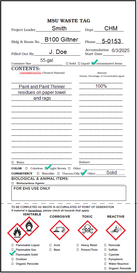 Properly completed MSU Waste Tag for paint related solids.