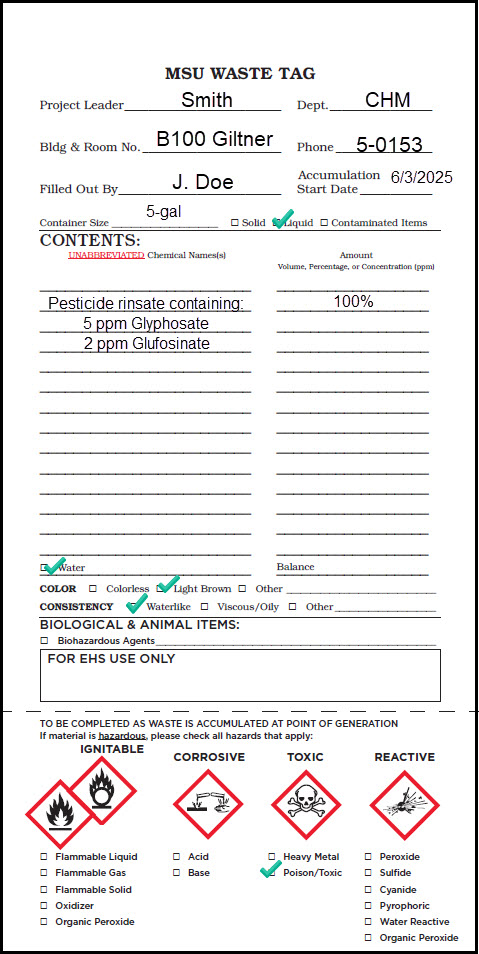 Properly completed MSU Waste Tag for pesticide liquids.