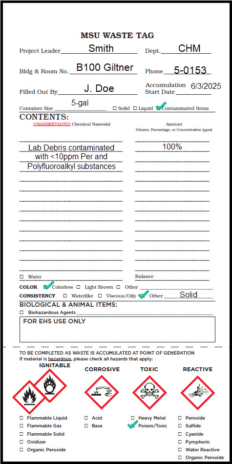 Properly completed MSU Waste Tag for PFAS contaminated debris.