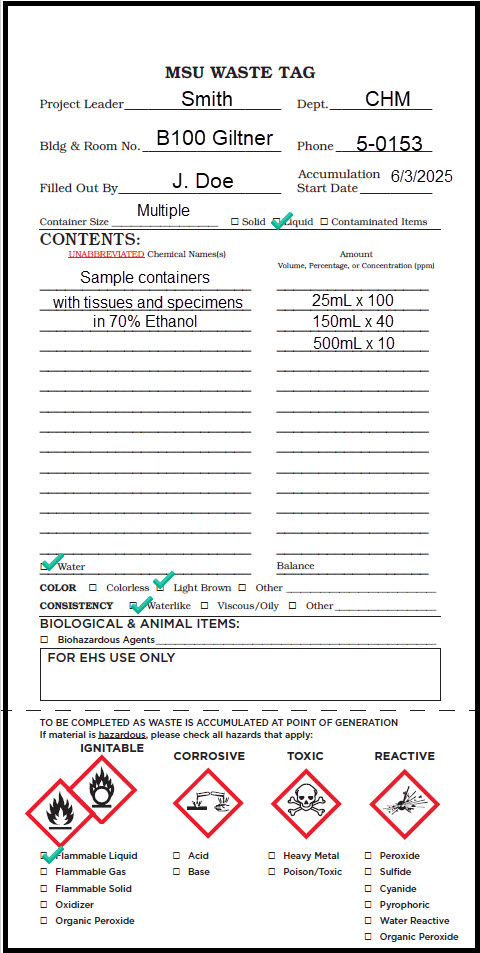Properly completed MSU Waste Tag for tissues in ethanol.