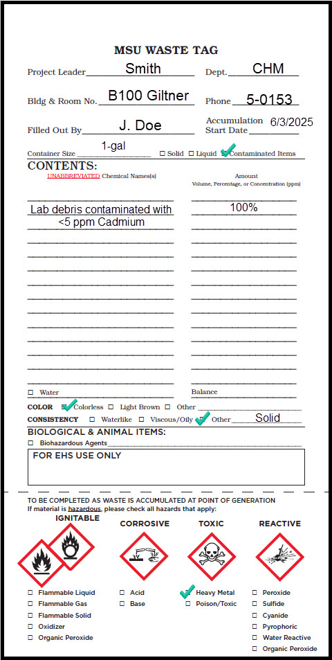 Properly completed MSU Waste Tag for toxic contaminated debris.