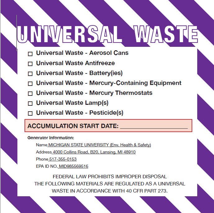 Purple and white Universal Waste label with check boxes for each type of Universal Waste.  Accumulation Start Date is highlighted in red