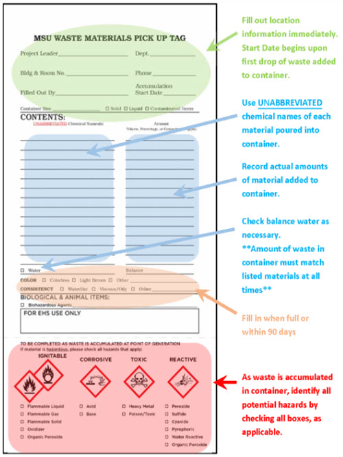 MSU Waste Materials Pick-up tag with instructions